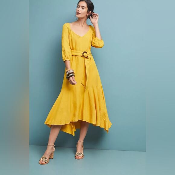 Maeve By Anthropologie Artemis Yellow Belted Asymmetric Midi Dress Size 2 - Picture 1 of 14